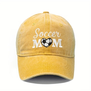 Detailed embroidery of Soccer MOM with heart football on yellow washed cotton dad hat