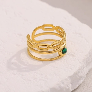 French vintage multi-layer 18K gold-plated stainless steel ring with green malachite