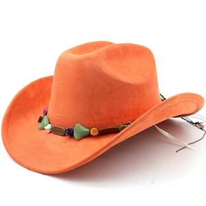 Detail of orange suede cowboy hat with turquoise beaded band and wide rolled brim