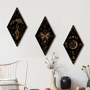 Bohemian Moon Phase Wall Hanging Decor Wooden Diamond Shape Mystical Butterfly Pattern Boho Style For Living Room Home