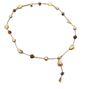 Vintage tiger eye stone Y-shaped pendant necklace with gold beads on white background
