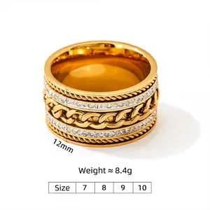 Golden double-row diamond stainless steel wide ring with cuban chain design 12mm