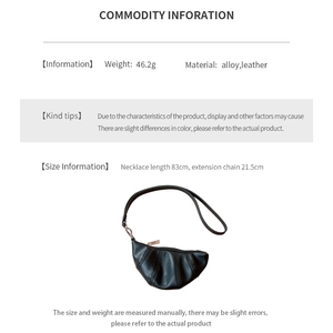 Detailed size information for the black faux leather croissant pendant necklace