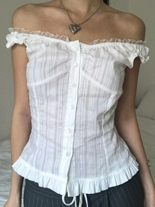 Off Shoulder Ruffle Blouse Viscose Button Up Sleeveless Ribbed Crop Top Y2K Fashion Casual Streetwear For Women