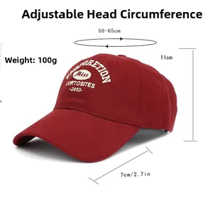 Detail of red cotton baseball cap with white embroidery showing 58-65cm large head size