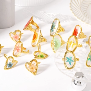 Real Dried Flower Stainless Steel Open Rings For Women Adjustable Gold Plated Resin Floral Bohemian Vintage Jewelry