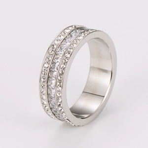 Détail d'une bague en acier inoxydable argenté avec trois rangées de zircons pavés