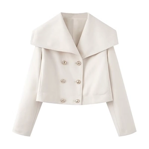 Short cream wool blend double-breasted jacket with wide lapels and six buttons