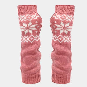 Close-up of pink knit leg warmers with white snowflake pattern and ribbed cuffs