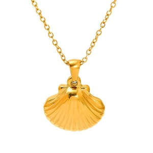Golden titanium steel necklace with a textured seashell pendant on a delicate O-chain