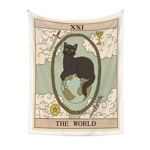 Detailed close-up of tarot style cat wall tapestry featuring the world card design