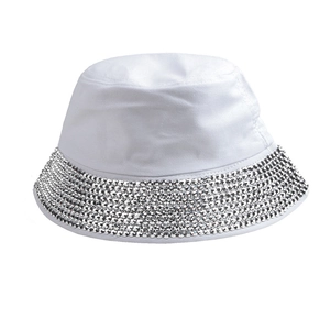 Detailed view of white cotton bucket hat with sparkling silver rhinestone trim