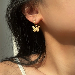 Elegant 18K gold plated stainless steel butterfly drop earrings with pearl for women