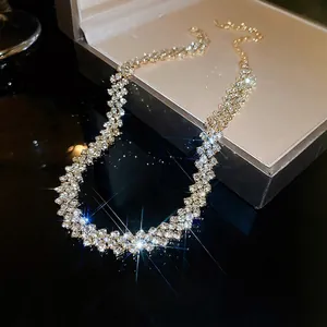 Exaggerated multi-layer rhinestone choker necklace with sparkling silver chain and extension