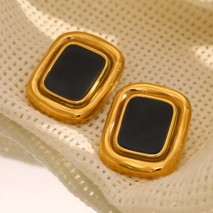 Boucles D'oreilles Puces Rectangulaires Géométriques Vintage En Acier Inoxydable Plaqué Or 18K Avec Agate Noire Pour Femmes