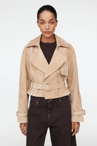 Close-up of beige faux suede cropped jacket with notched lapels and waist belt detail