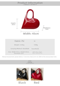 Detailed size measurement and material specs for heart-shaped glossy red patent handbag