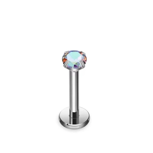 Macro detail of silver stainless steel labret stud with iridescent zircon stone inlay