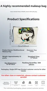 Detailed size chart and washing instructions for cat print linen makeup bag