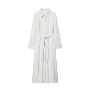 Elegant white long sleeve striped maxi dress with waist tie belt and minimalist design