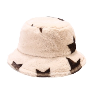 Plush beige bucket hat with brown star pattern made of warm faux fur for women