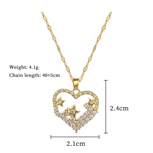 Detail showing heart pendant dimensions with stars, cubic zirconia, and chain length info