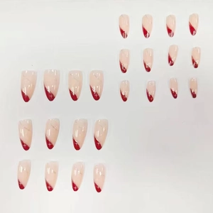 French style red and white press-on nails set with elegant star glitter accents