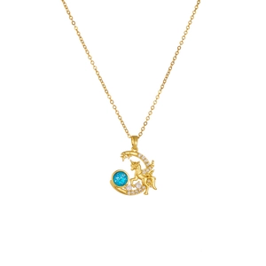 Golden unicorn and moon pendant necklace with blue stone and sparkling crystals