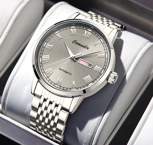 Macro shot of automatic mechanical watch dial with grey sunray texture and dual calendar