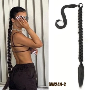 Detail view of 80cm long black braided ponytail extension with wrap-around base design