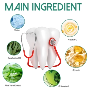 Gouttes de soin des gencives ingrédients principaux infographie avec eau vitamine C extraits.