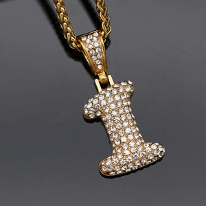 Hip hop gold plated 316L stainless steel bubble letter I pendant with iced out stones