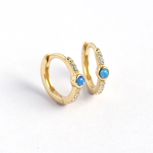 Elegant gold S925 silver huggie hoop earrings with blue opal and sparkling zircon stones