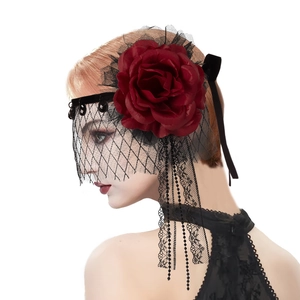 Gothic red rose headpiece with black mesh veil and lace fringe for Gatsby party