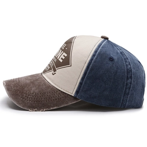 Vintage washed three-color patchwork baseball cap with retro graphic embroidery