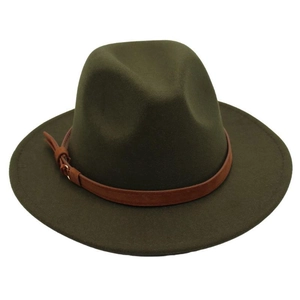 Close-up of dark green wool fedora hat featuring a brown leather belt buckle strap