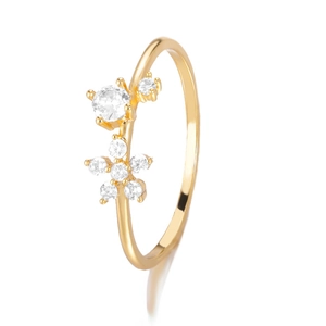 Macro shot of a gold-toned ring featuring a sparkling floral zircon cluster on a thin band