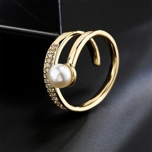 18K gold plated double spiral ring with white pearl and sparkling zircon accents