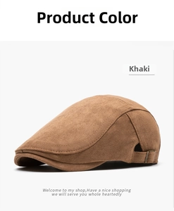 Detail view of khaki newsboy cap showing suede texture and adjustable metal buckle