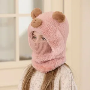 Pink winter plush bear ear hat with integrated face mask and neck warmer for girls