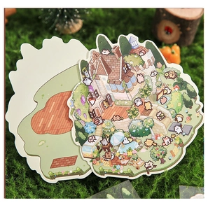 Close-up of a 3D castle theme DIY sticker set with cute animal characters on moss
