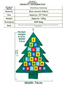 Dimensioni dettagliate del calendario dell'avvento in feltro 93x74cm con 24 tasche numerate