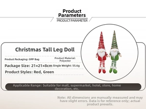 Detail showing red and green plush Christmas gnome dolls with striped long legs