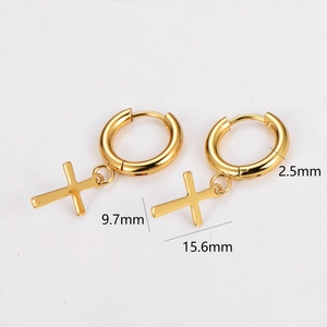 Gold stainless steel hoop earrings with cross pendant and 2.5mm thickness dimensions