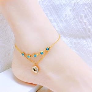 Double Layer Anklet Titanium Steel Turquoise Beads Tree Of Life Clover Pendants Bohemian Style Fashion Jewelry For Women