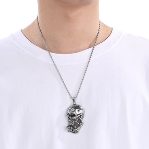 Vintage silver skull pendant with Nordic Viking wolf head on a twisted steel chain