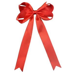 Detail of red satin ribbon bow hair clip with long streamers for girls accessories