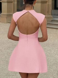 Detaillierte Rückansicht eines ärmellosen rosa Tweed-Minikleids mit offenem Rücken und Reißverschluss