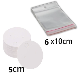 Macro view of 5cm white round earring display cards with 6x10cm self-adhesive clear bags