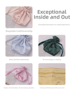 Detail of satin drawstring gift bags showing smooth texture and fine stitching in multiple colors